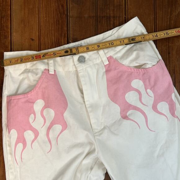 Colorful Natalie White boot leg mid rise Pants with Pink Flame Design - Picture 2 of 8